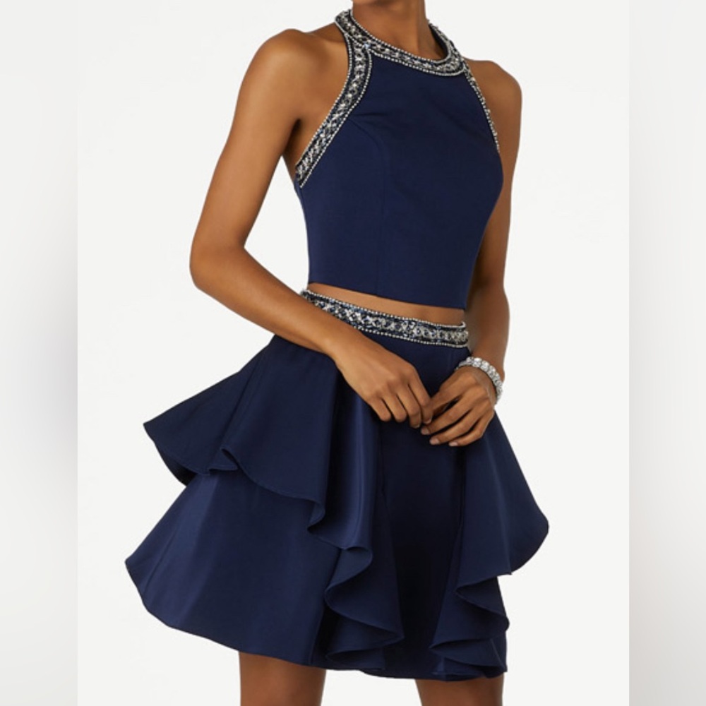 NWOT Morilee Sticks & Stones Navy Two-Piece Beaded Satin Flounce Dress, size 4